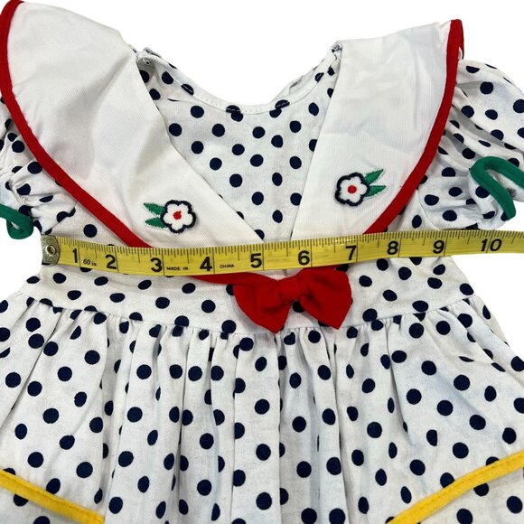 Vintage Baby Girl Polka Dot Bubble Romper Sailor Collar Red Bow Floral Embroider - Picture 4 of 5